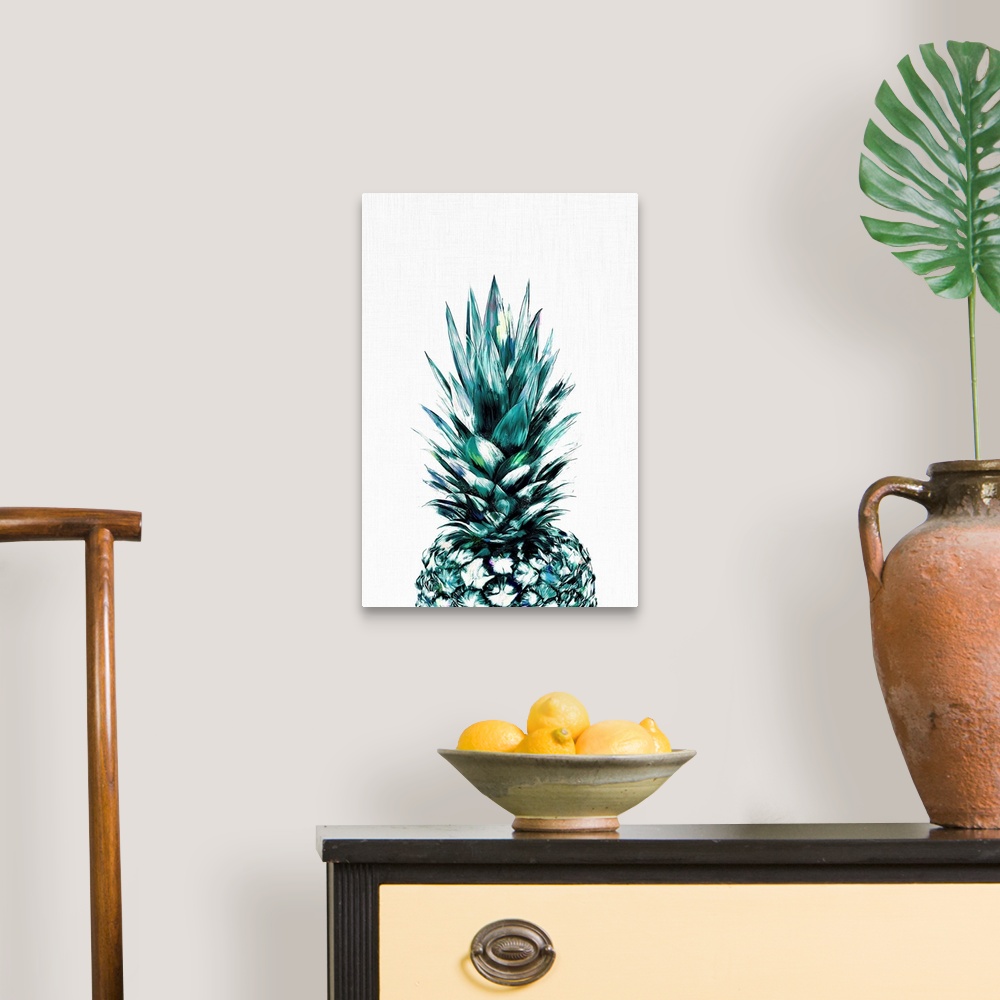 A traditional room featuring A digital illustration of pineapple in shades of blue and green.