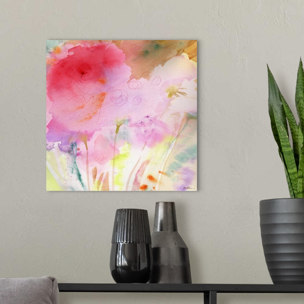 A modern room featuring A watercolor painting of pink flowers in pastel colors.
