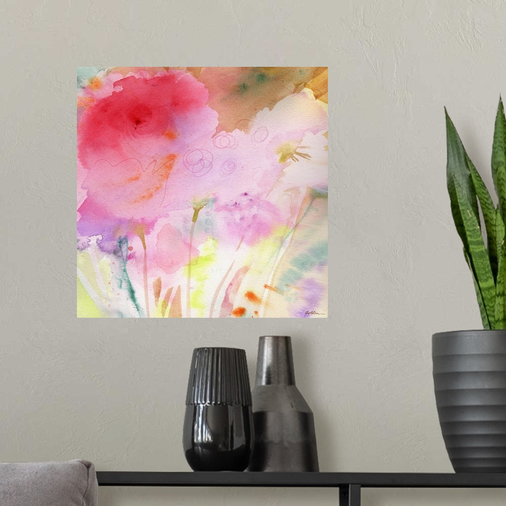 A modern room featuring A watercolor painting of pink flowers in pastel colors.