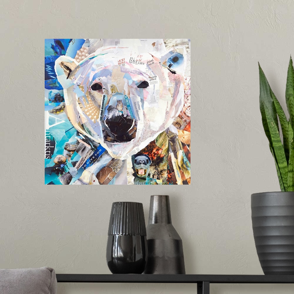 A modern room featuring Mixed media artwork of a polar bear made from cut magazine and book pages.