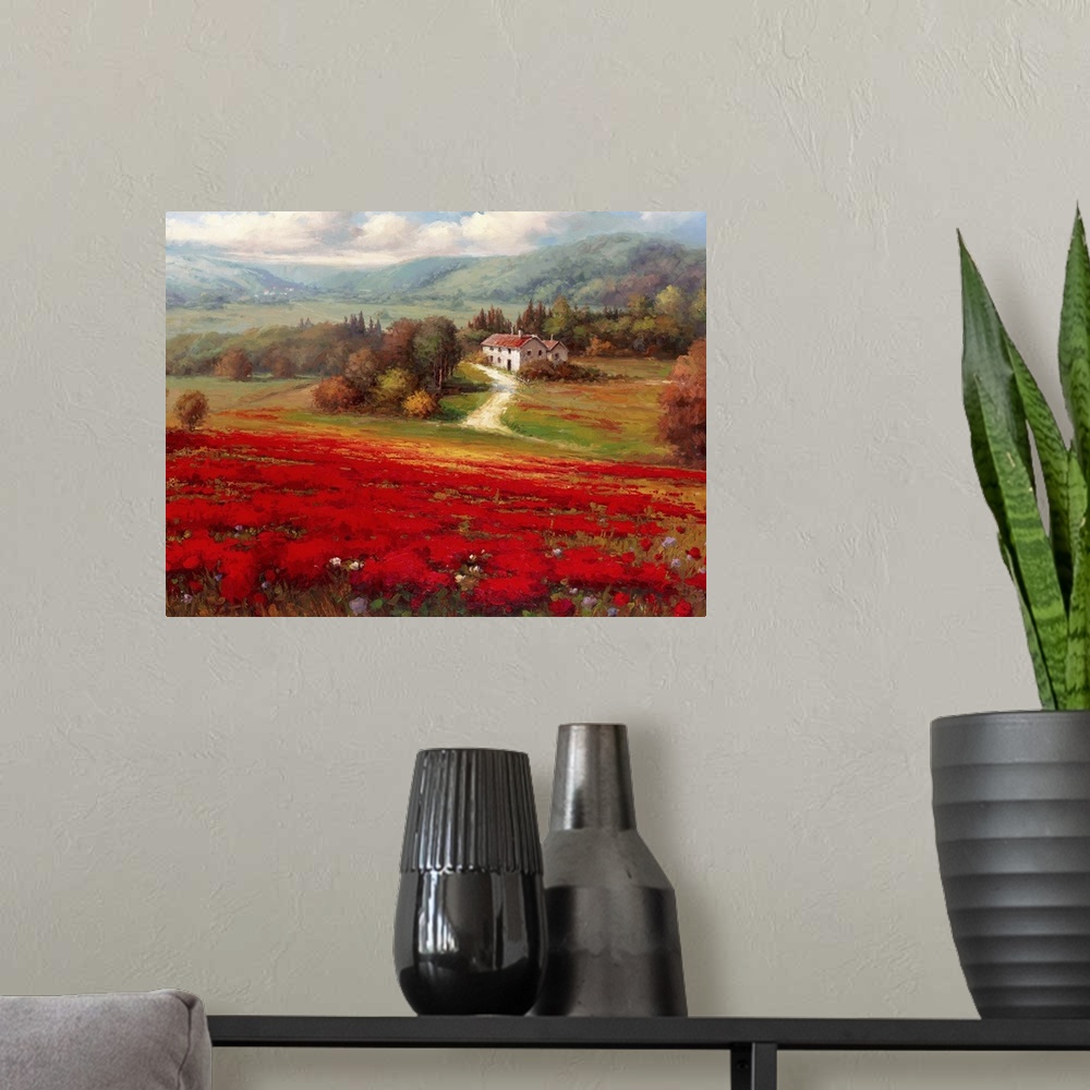 A modern room featuring Contemporary painting of an idyllic rural European village scene, with vibrant red flowers in the...