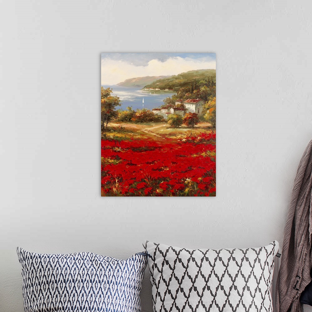 A bohemian room featuring Contemporary painting of an idyllic rural European village scene, with vibrant red flowers in the...