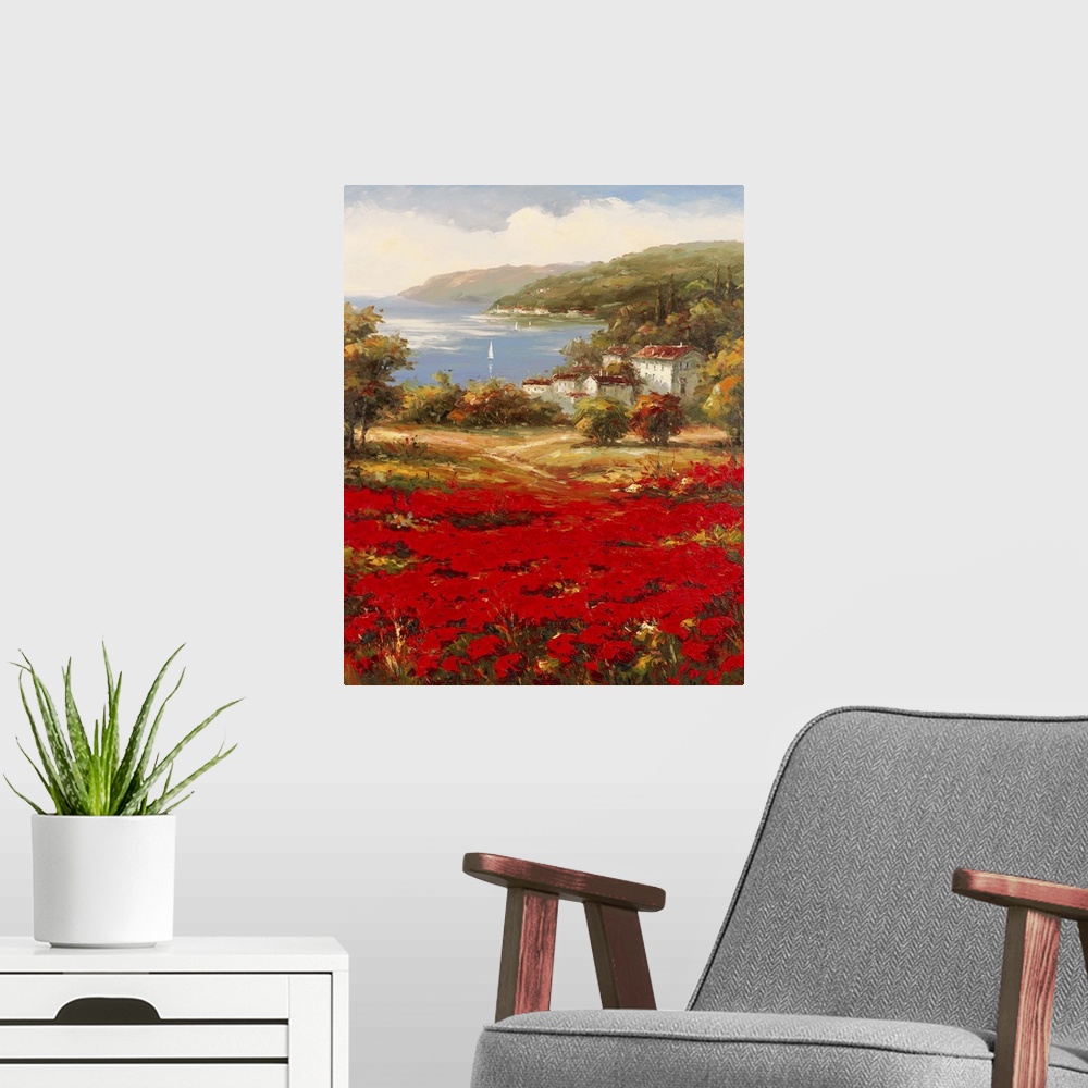 A modern room featuring Contemporary painting of an idyllic rural European village scene, with vibrant red flowers in the...
