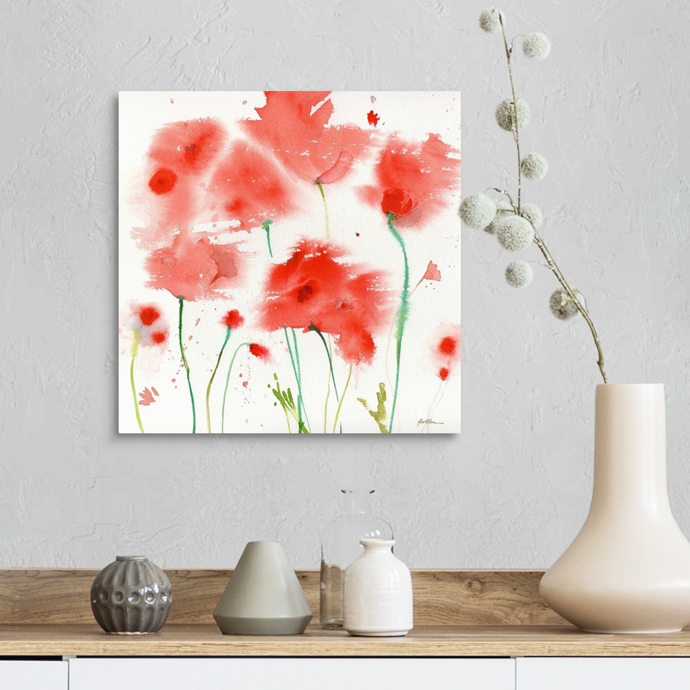 A farmhouse room featuring Contemporary watercolor painting of poppies.