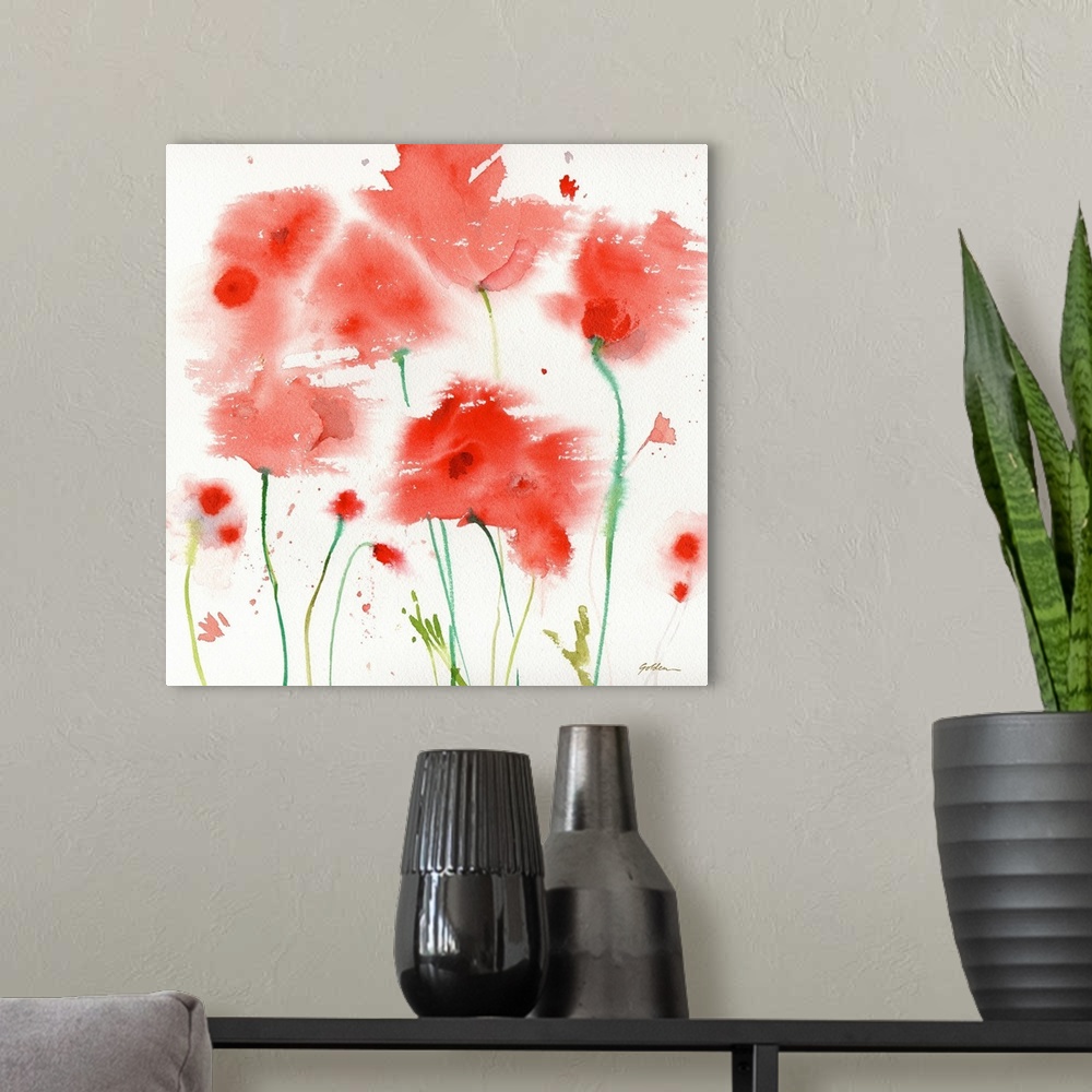 A modern room featuring Contemporary watercolor painting of poppies.