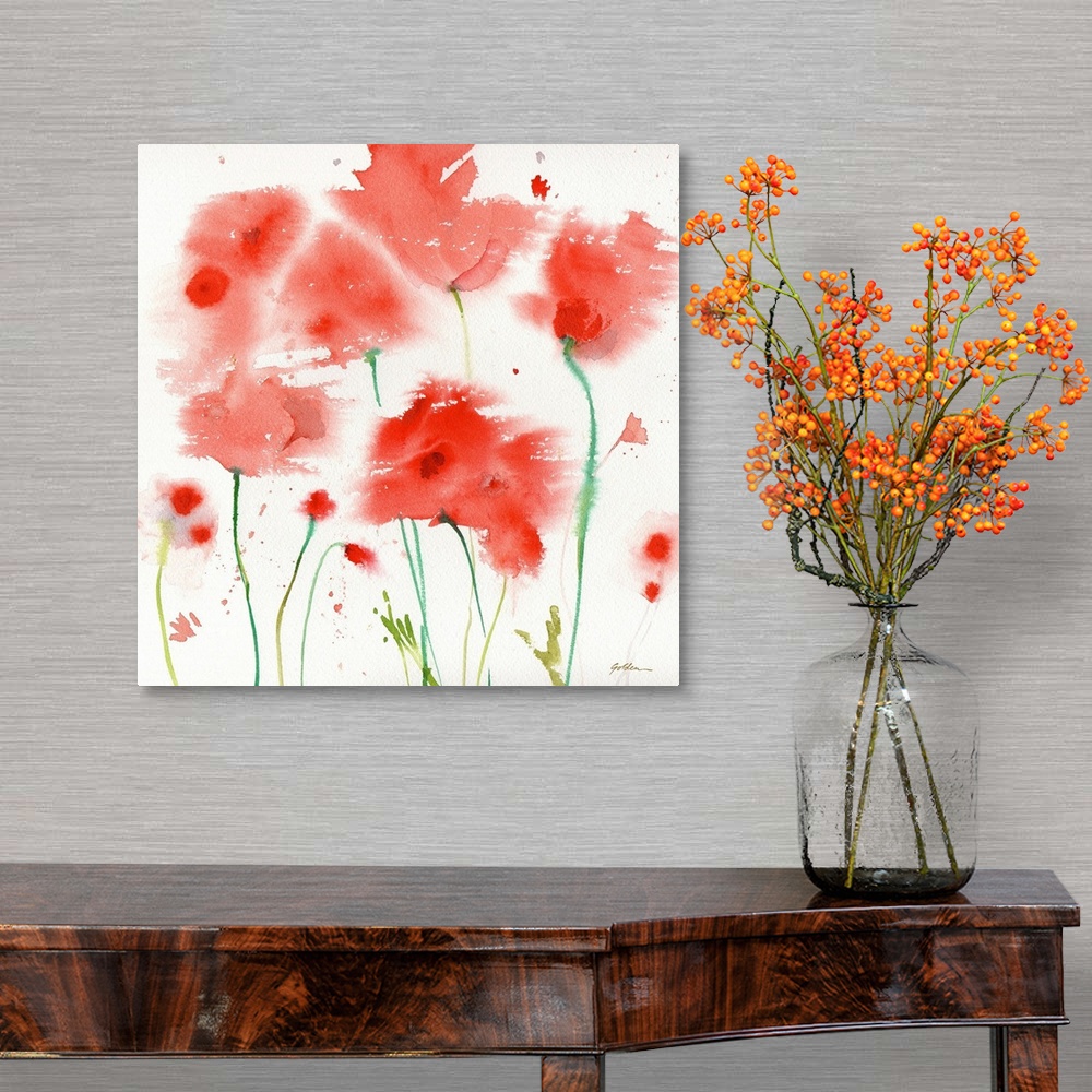 A traditional room featuring Contemporary watercolor painting of poppies.