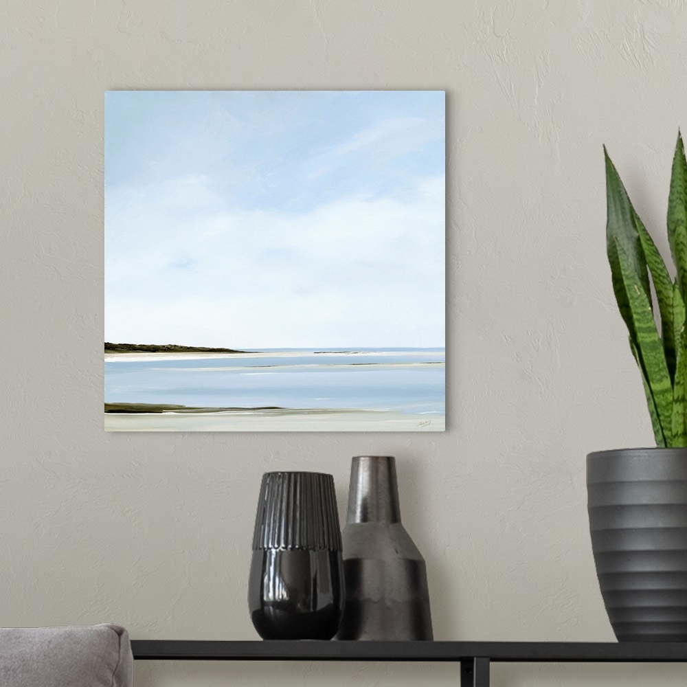 A modern room featuring A contemporary painting of a calm beach scene.