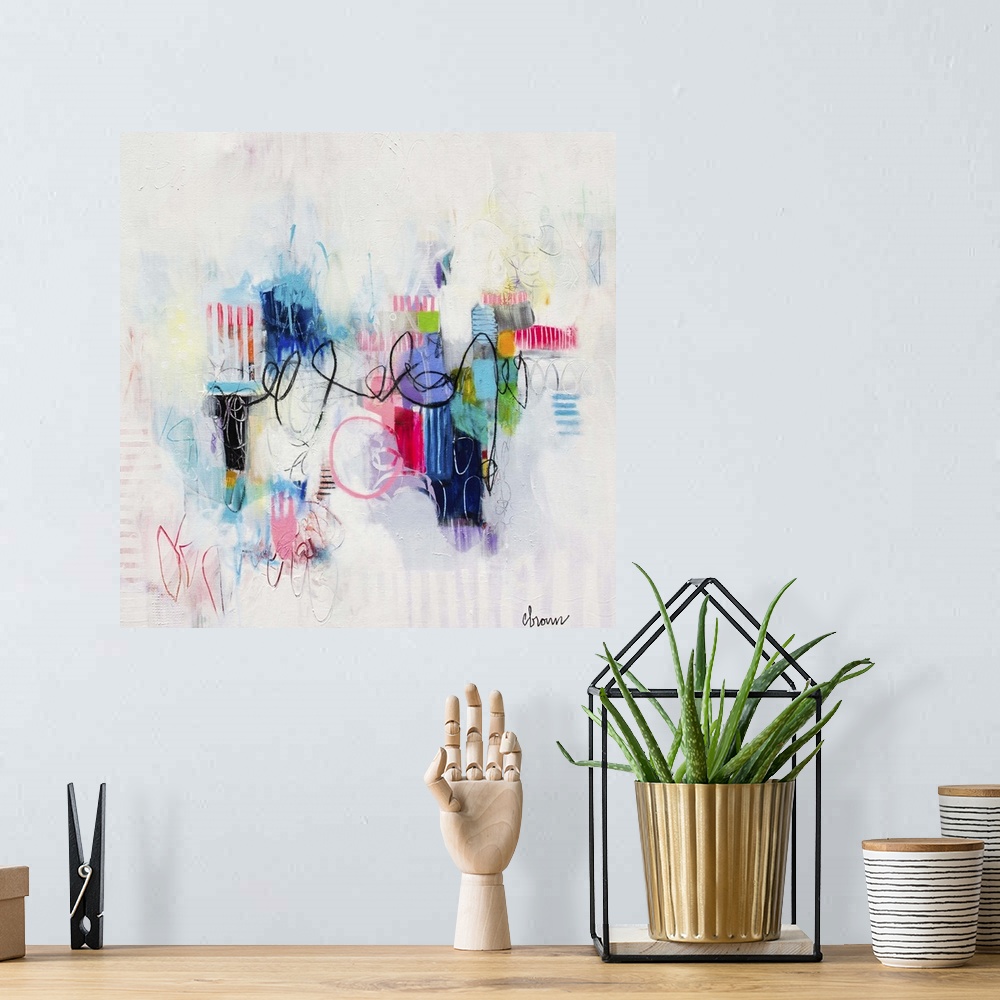 A bohemian room featuring Contemporary abstract painting using bright vibrant neon splashes of color against a soft pink an...
