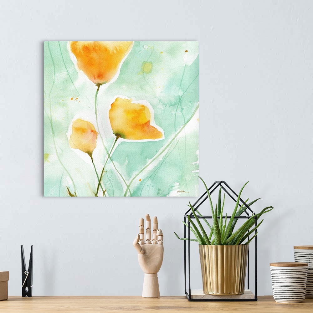 A bohemian room featuring Contemporary watercolor painting of yellow poppies on a light blue background.