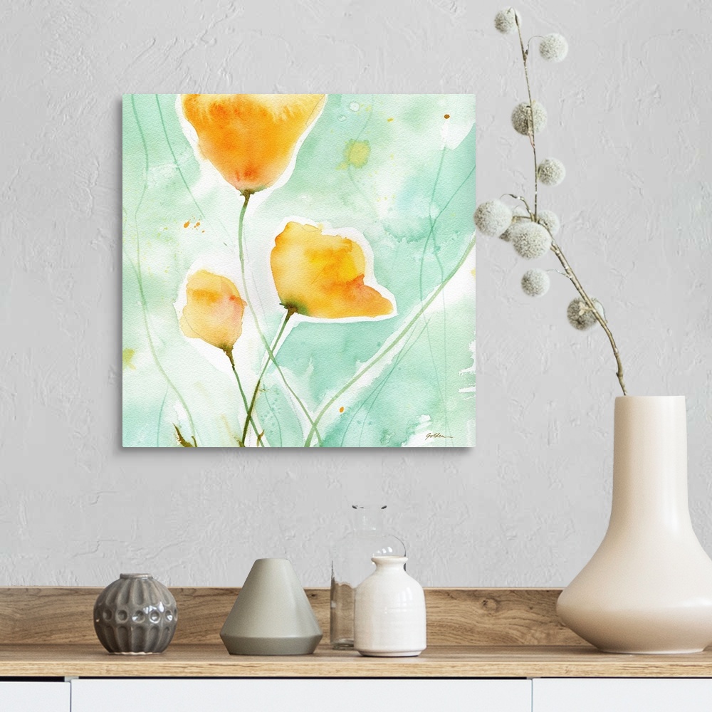 A farmhouse room featuring Contemporary watercolor painting of yellow poppies on a light blue background.