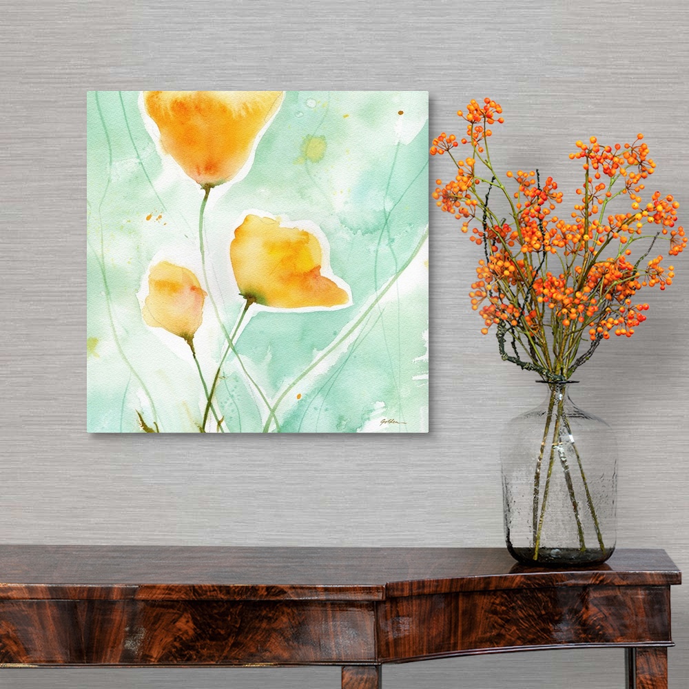 A traditional room featuring Contemporary watercolor painting of yellow poppies on a light blue background.