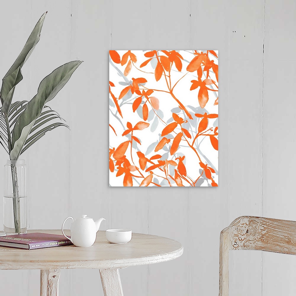 A farmhouse room featuring An abstract watercolor painting of branches of leaves in colors of orange and gray.