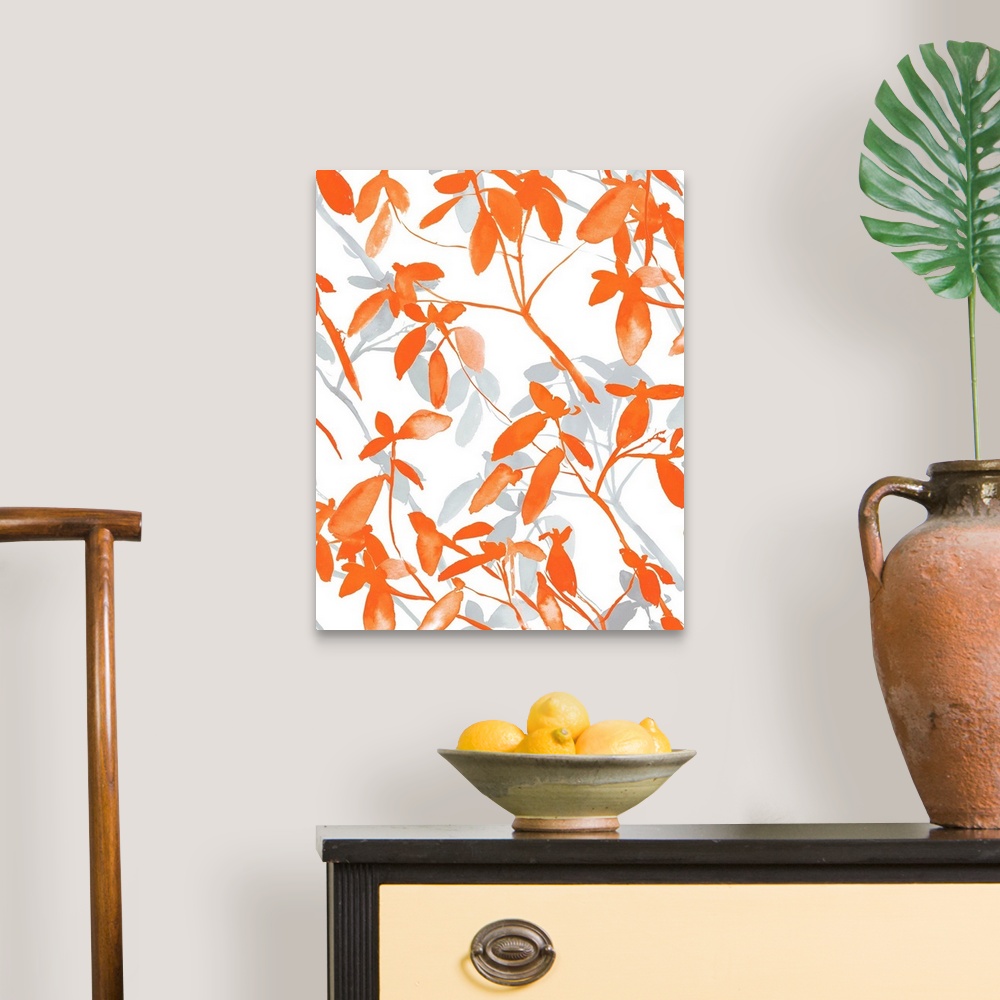 A traditional room featuring An abstract watercolor painting of branches of leaves in colors of orange and gray.