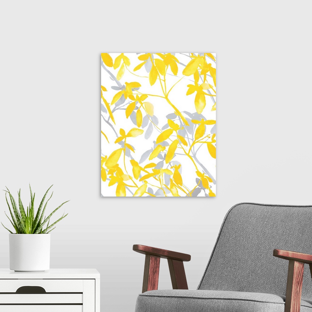A modern room featuring An abstract watercolor painting of branches of leaves in colors of yellow and gray.