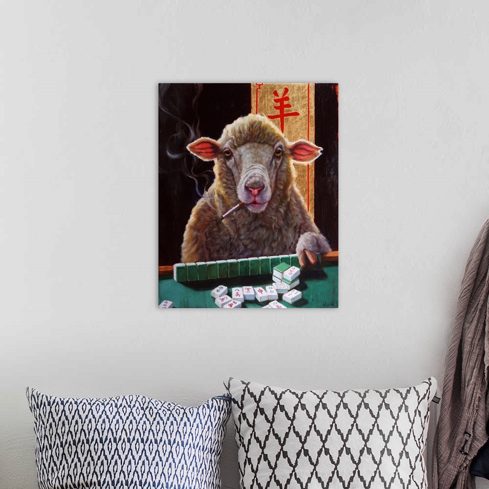 A bohemian room featuring A painting of a sheep smoking, playing a game of mahjong.