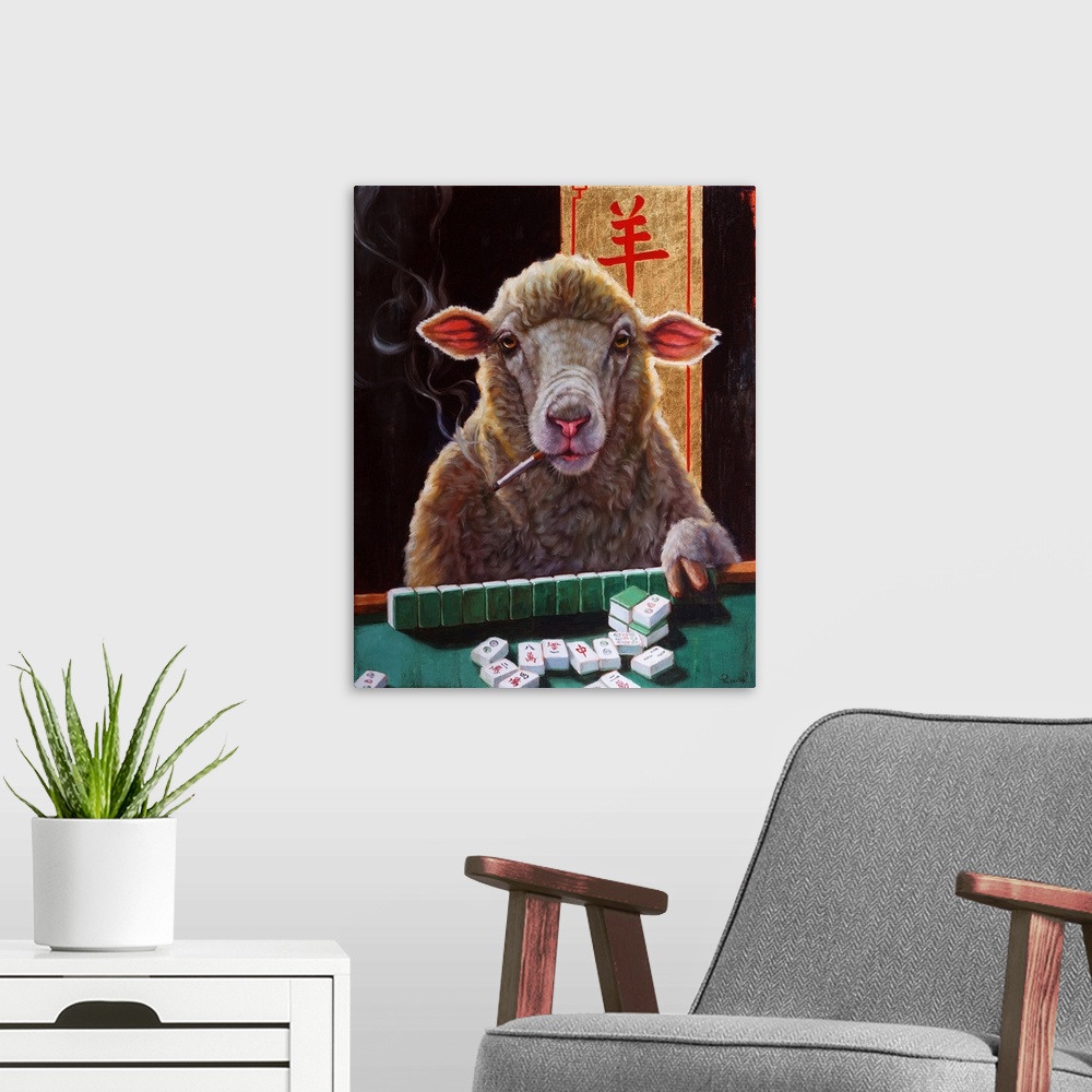 A modern room featuring A painting of a sheep smoking, playing a game of mahjong.