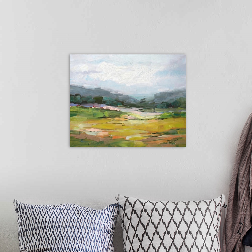 A bohemian room featuring A beautiful calm landscape painting in a contemporary style, with thick brushstrokes of color. A ...