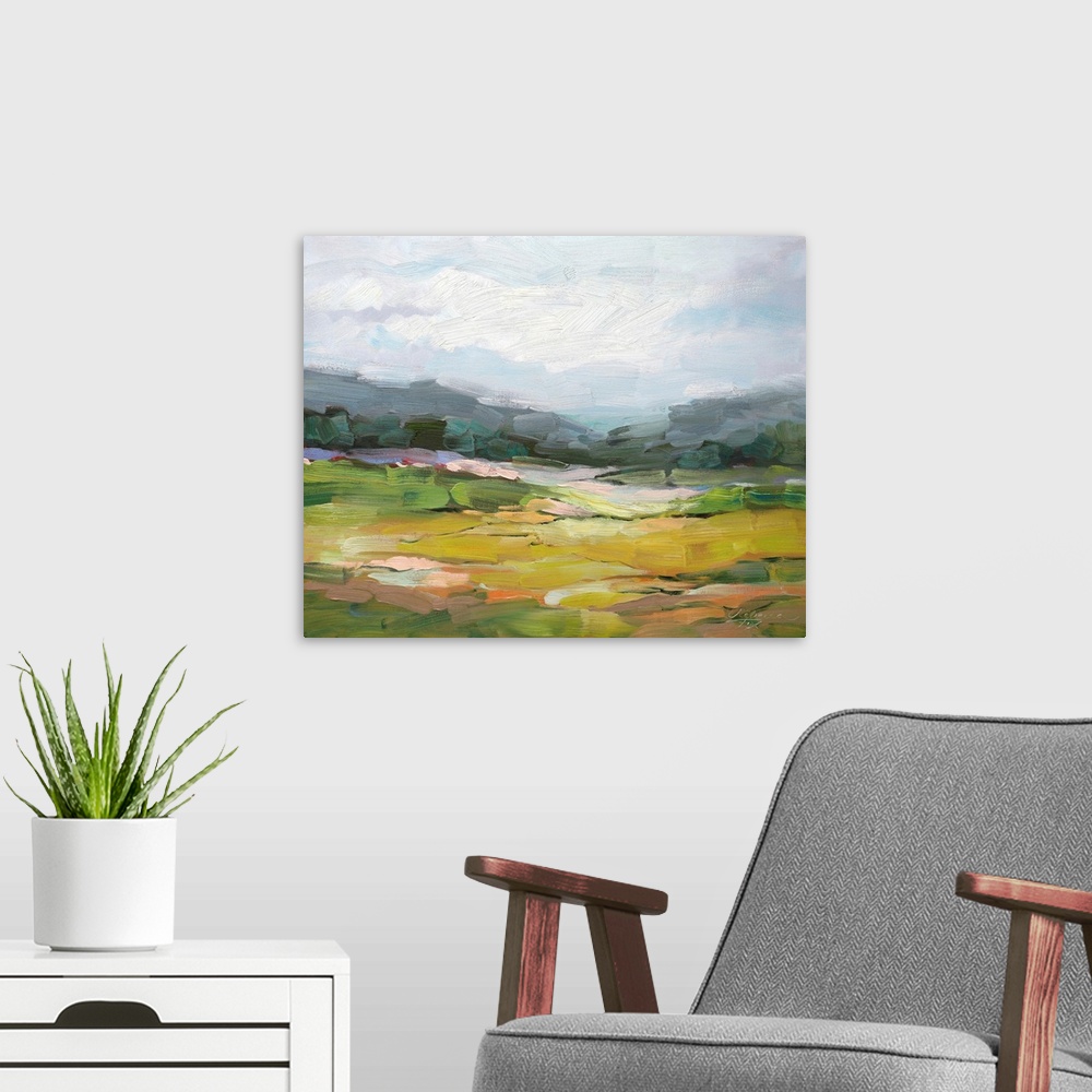 A modern room featuring A beautiful calm landscape painting in a contemporary style, with thick brushstrokes of color. A ...