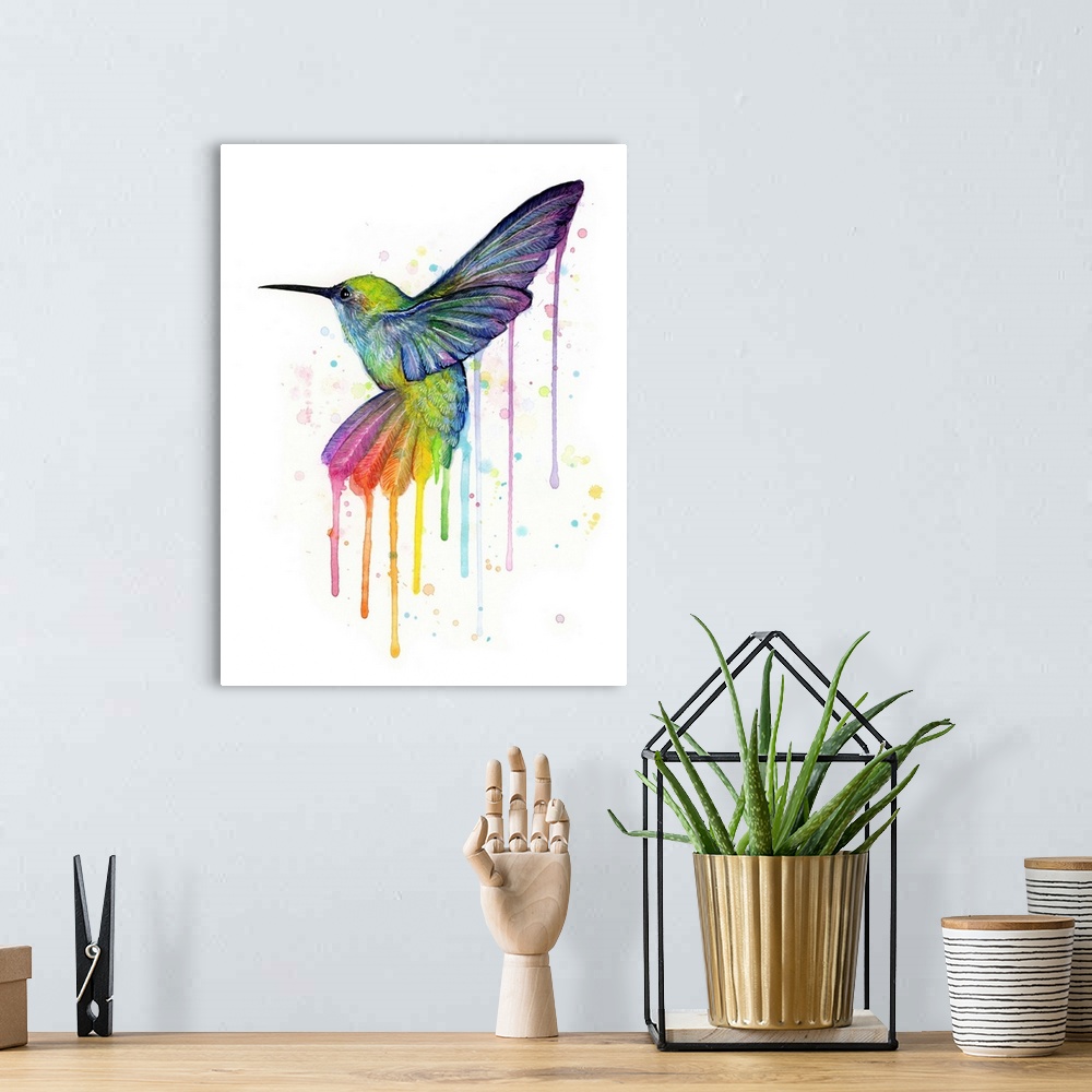 A bohemian room featuring A contemporary watercolor painting of a hummingbird with rainbow tail feathers.