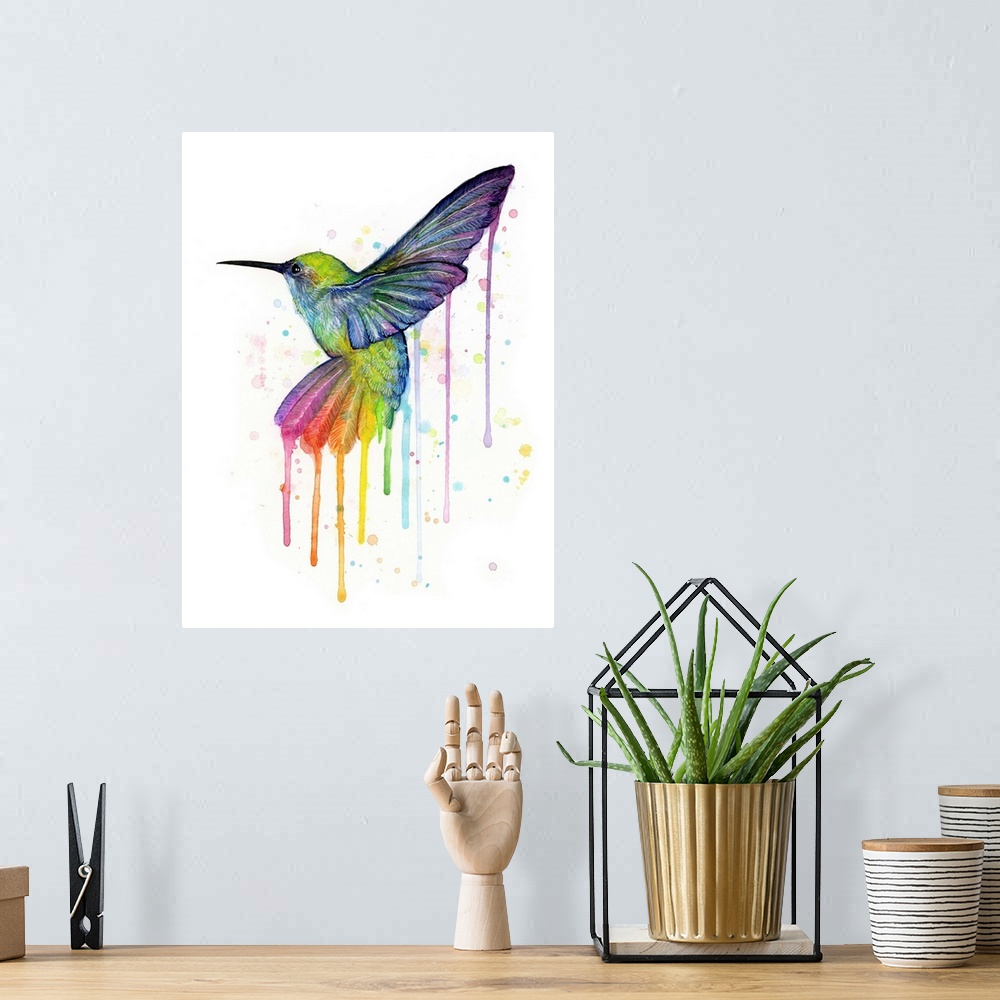 A bohemian room featuring A contemporary watercolor painting of a hummingbird with rainbow tail feathers.