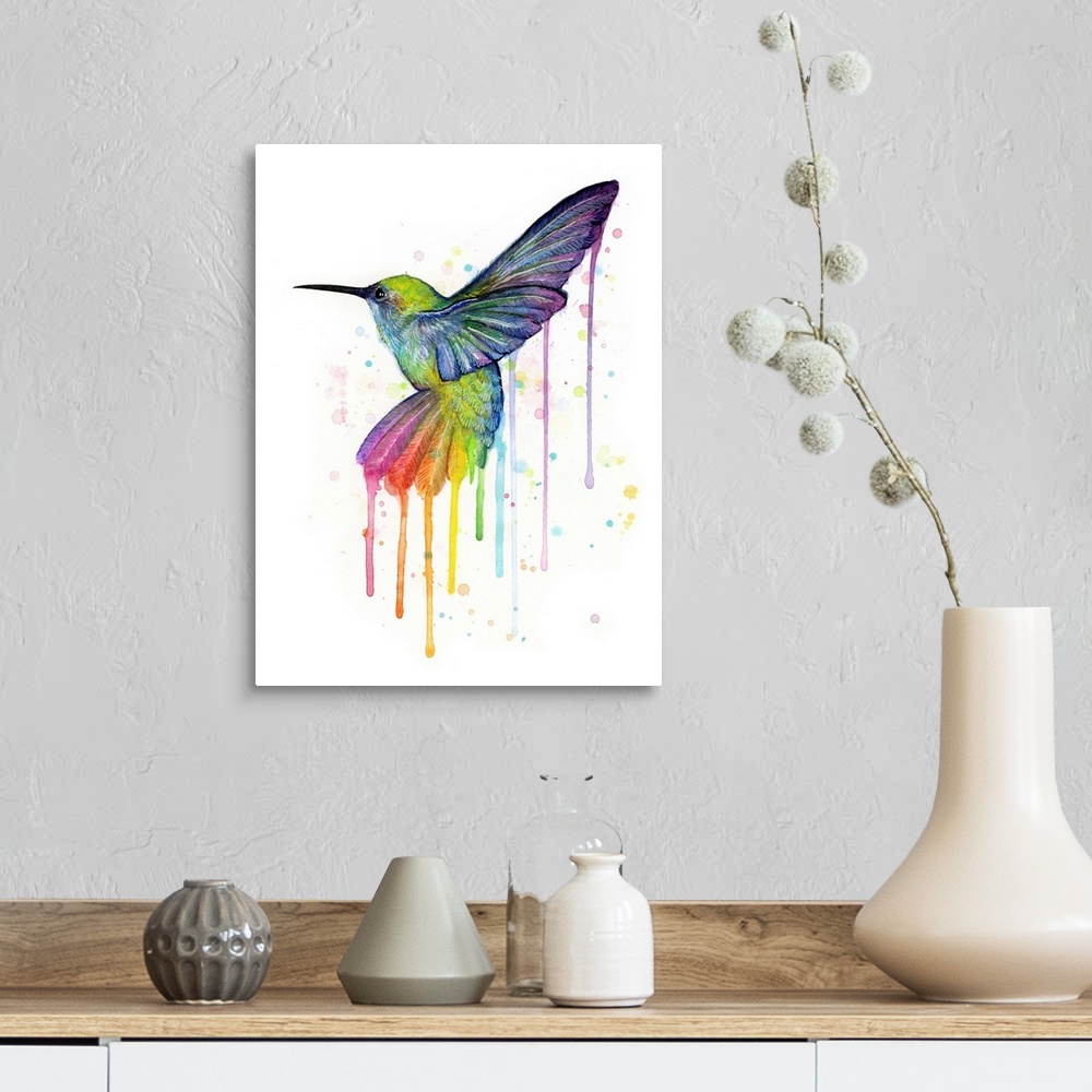 A farmhouse room featuring A contemporary watercolor painting of a hummingbird with rainbow tail feathers.