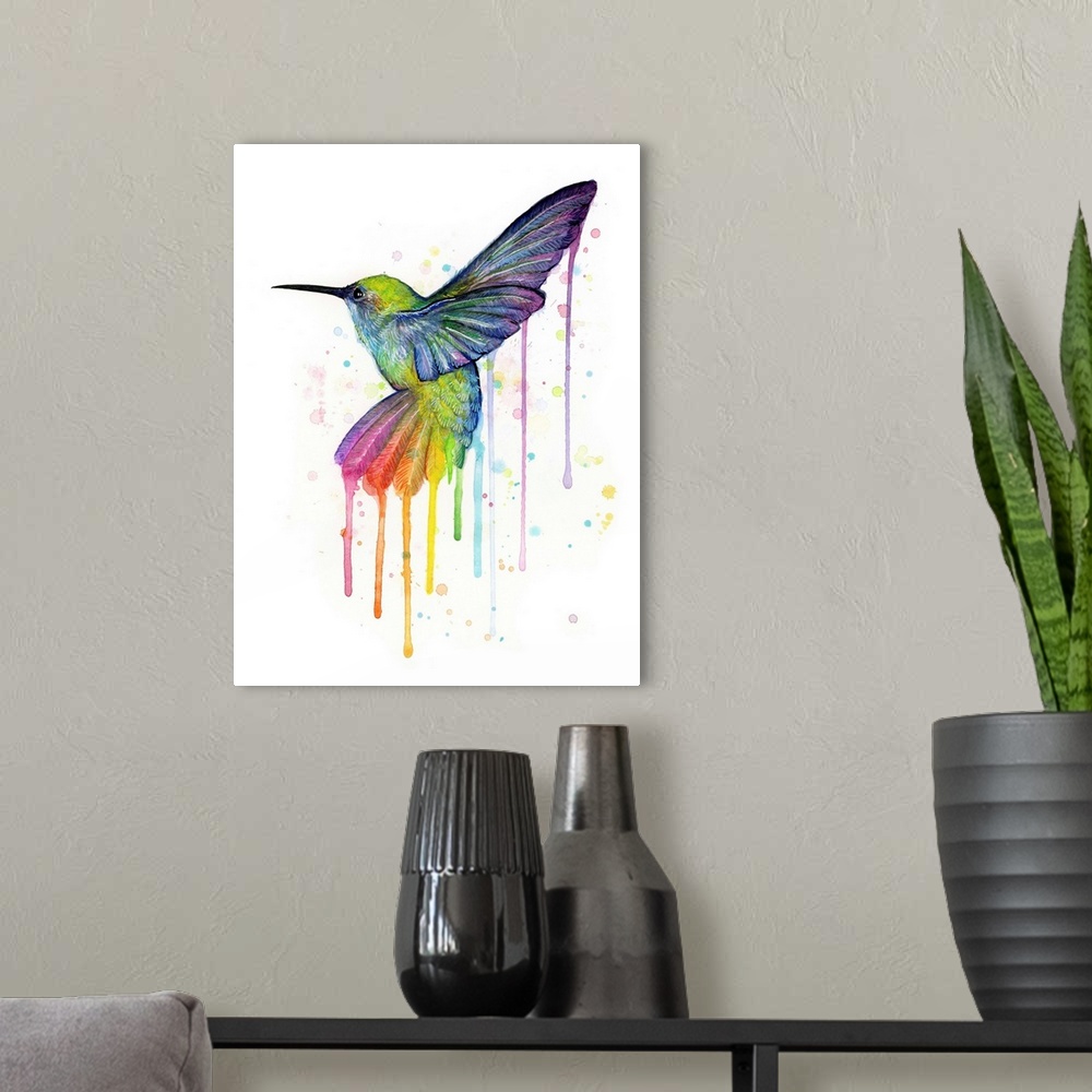 A modern room featuring A contemporary watercolor painting of a hummingbird with rainbow tail feathers.