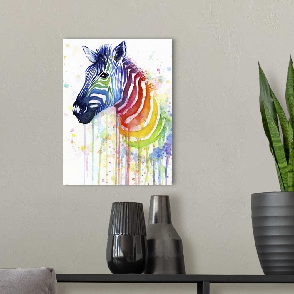 A modern room featuring A contemporary watercolor painting of a zebra with a the stripes running down the neck becoming a...