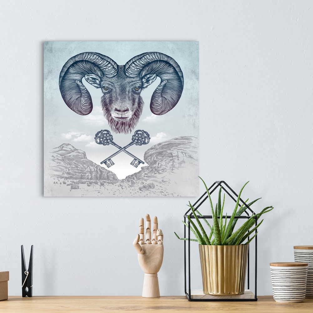 A bohemian room featuring A digital illustration of a ram in the sky above red rock mountains and a pair of keys.