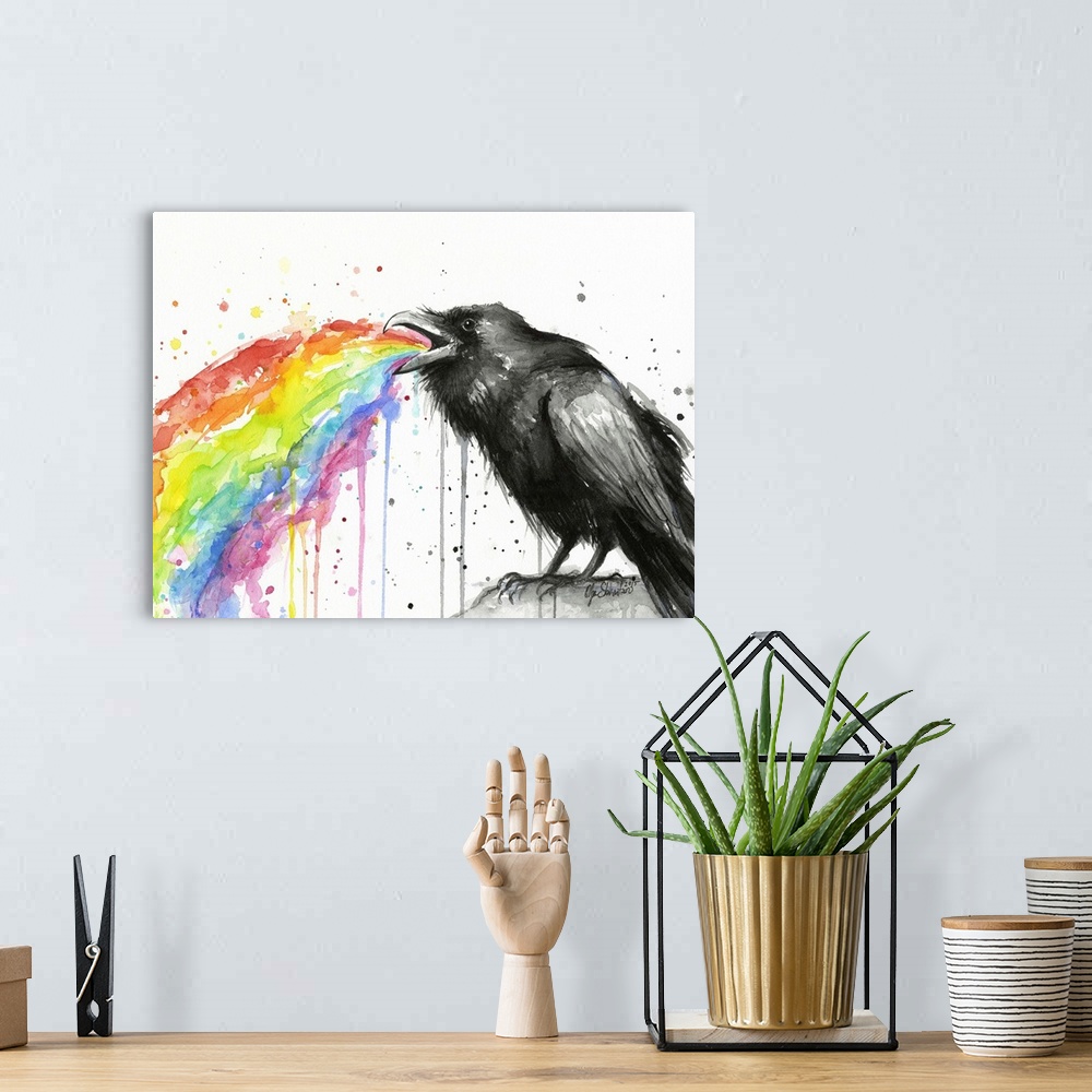 A bohemian room featuring A contemporary watercolor painting of a raven throwing up a rainbow.