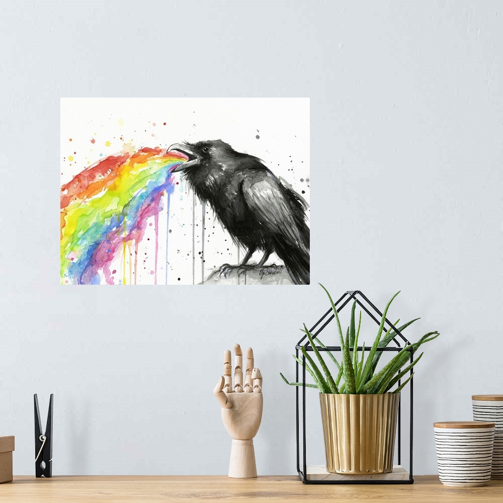 A bohemian room featuring A contemporary watercolor painting of a raven throwing up a rainbow.