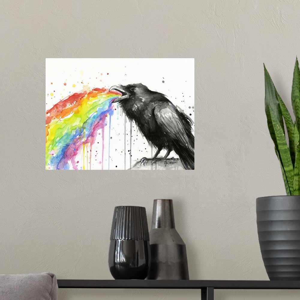 A modern room featuring A contemporary watercolor painting of a raven throwing up a rainbow.