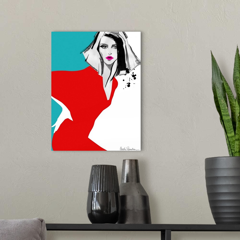 A modern room featuring Contemporary fashion artwork of a woman wearing a bright red dress.