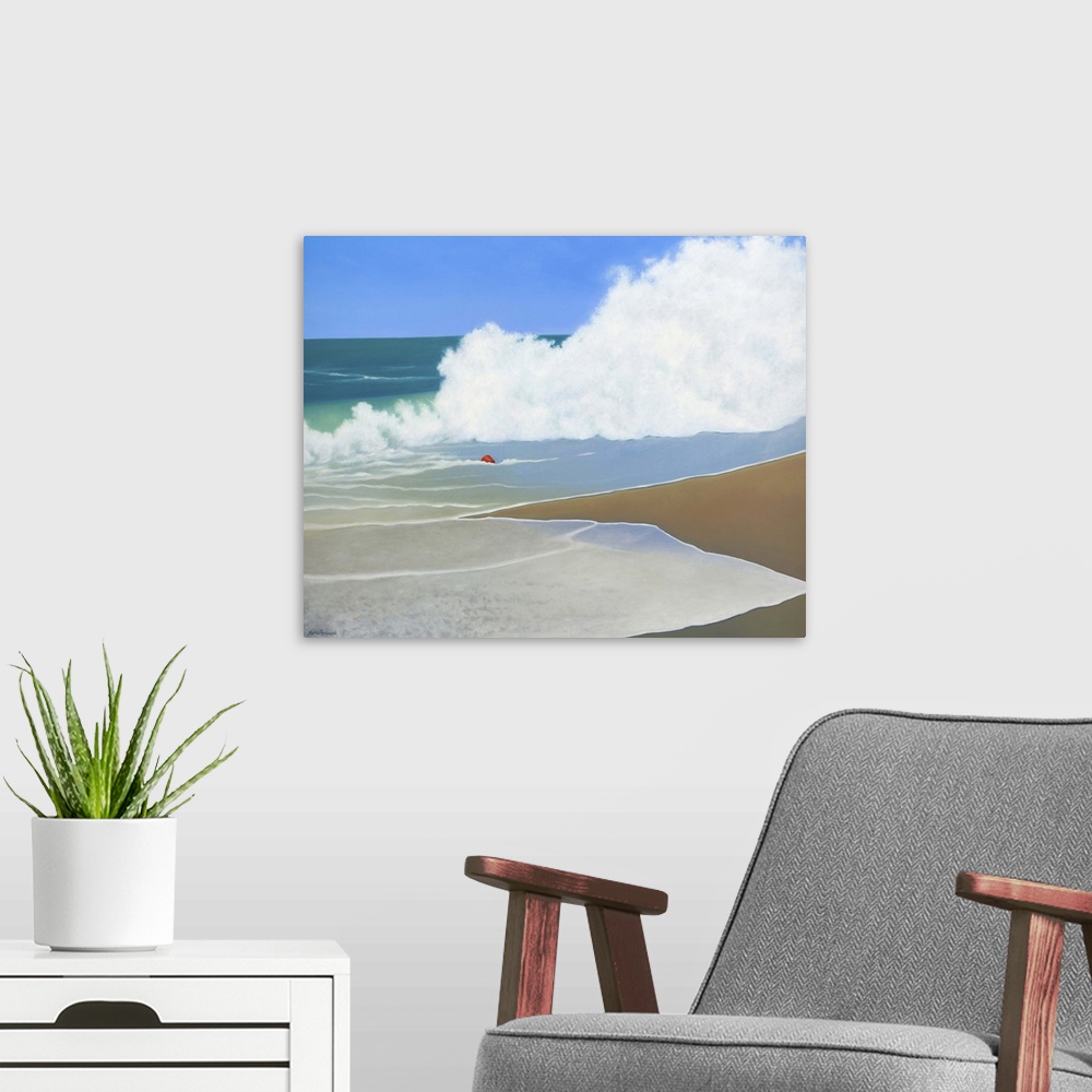 A modern room featuring Contemporary painting of an idyllic beach scene, with a red pail becoming lost amid the waves of ...