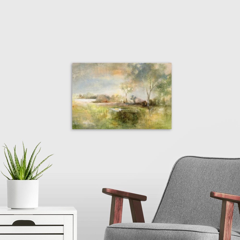 A modern room featuring Abstract landscape painting in muted green hues.