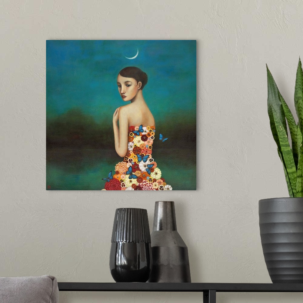 A modern room featuring Contemporary surreal artwork of a woman wearing a dress made of flowers with a crescent moon over...