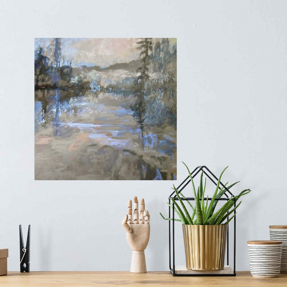 A bohemian room featuring Colorful contemporary landscape painting using muted tones of gray and blue.
