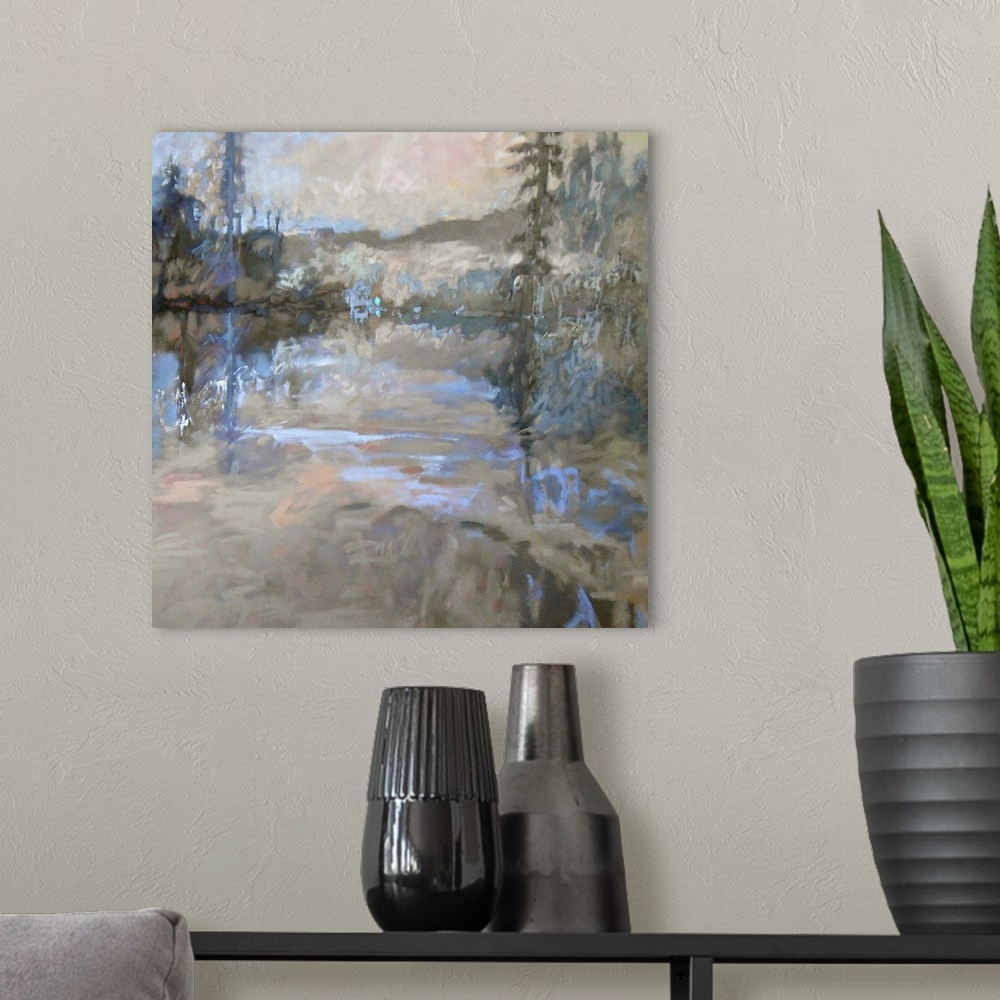 A modern room featuring Colorful contemporary landscape painting using muted tones of gray and blue.