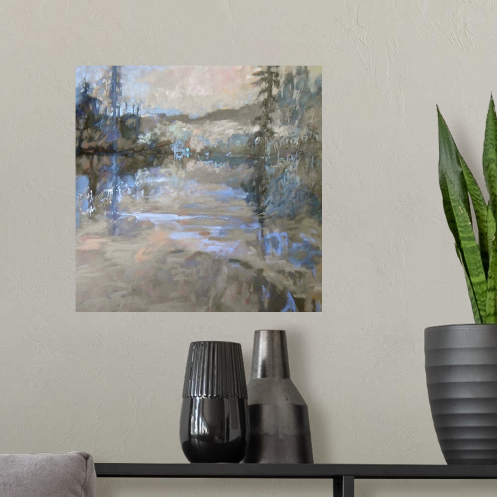 A modern room featuring Colorful contemporary landscape painting using muted tones of gray and blue.