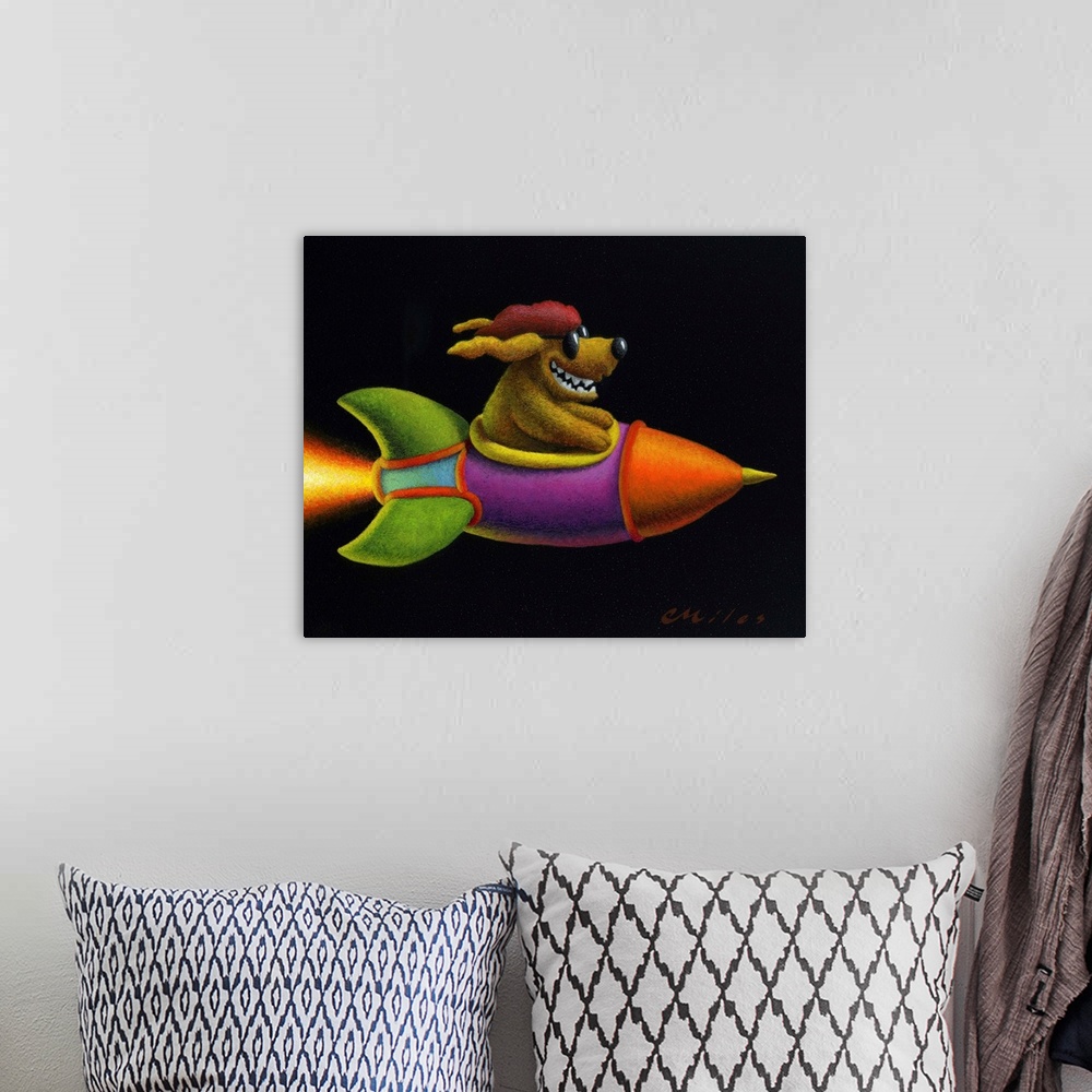 A bohemian room featuring Humorous contemporary painting of a dog in sunglasses riding in a rocket.