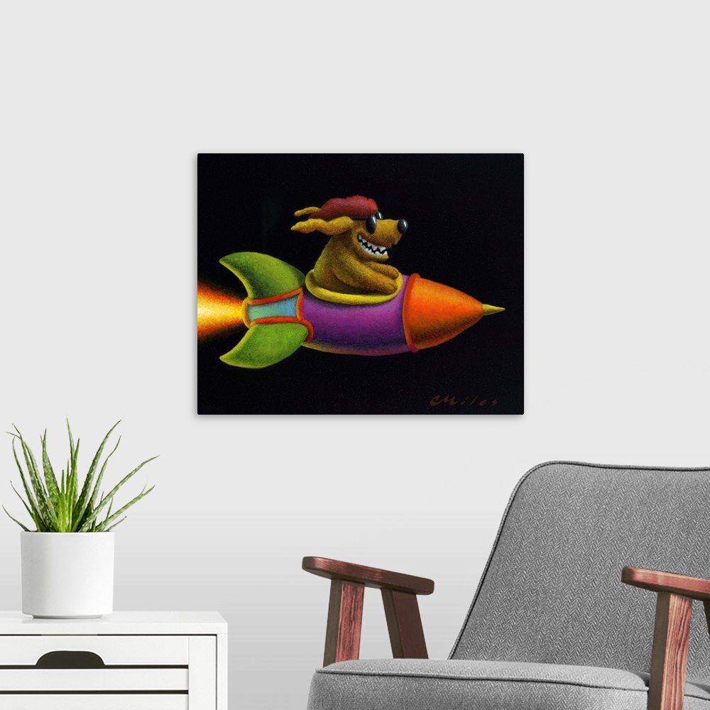 A modern room featuring Humorous contemporary painting of a dog in sunglasses riding in a rocket.
