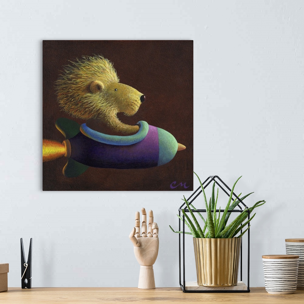 A bohemian room featuring Whimsical contemporary painting of a lion in a rocket.