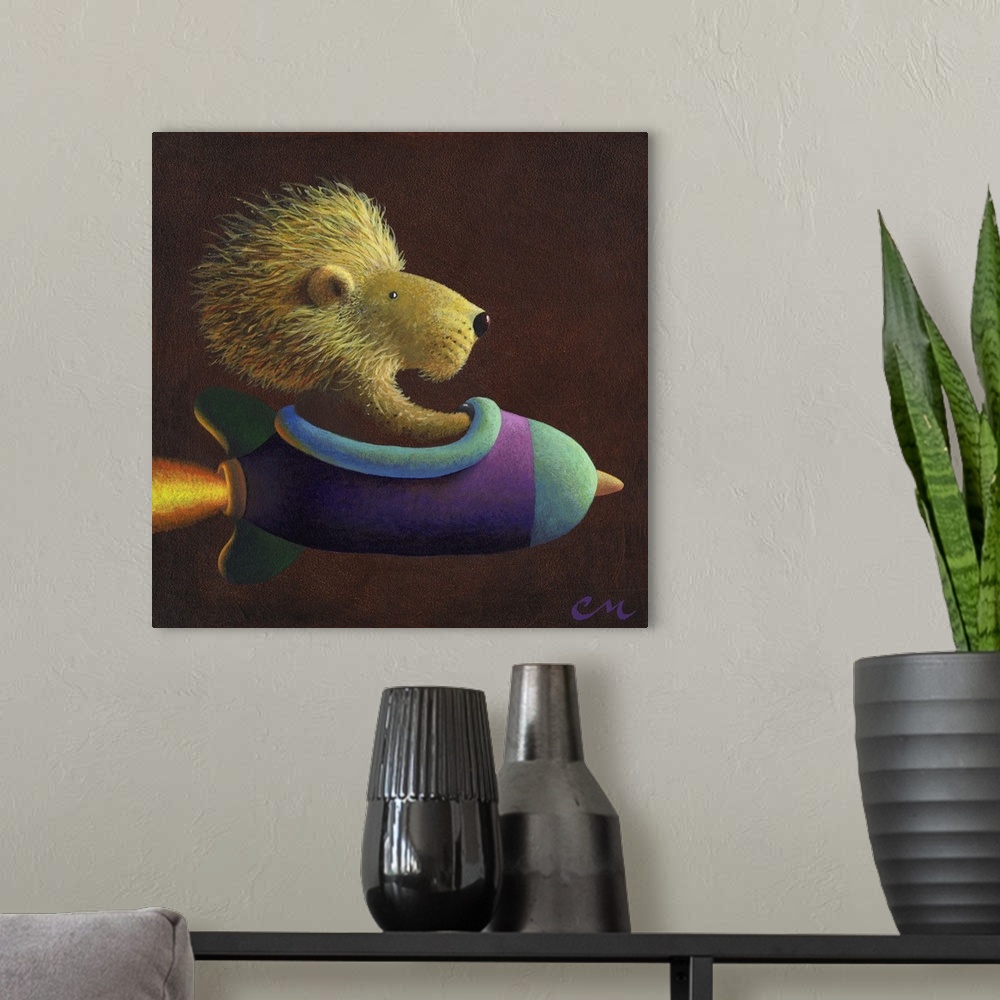 A modern room featuring Whimsical contemporary painting of a lion in a rocket.