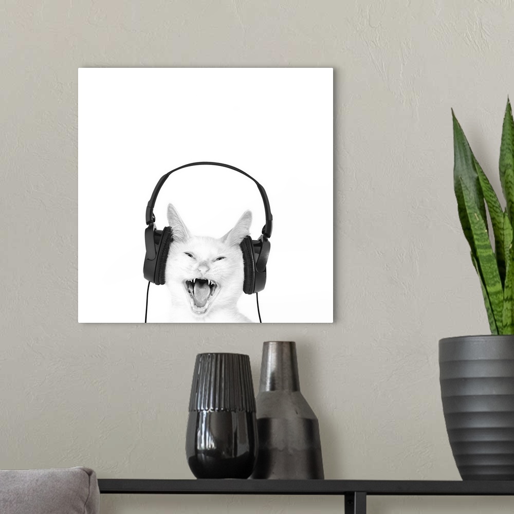 A modern room featuring A square image of a white cat wearing headphones.