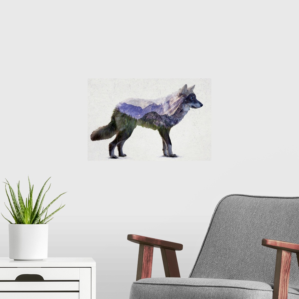 A modern room featuring A contemporary piece of artwork of a wilderness scene withing the outline of a wolf.