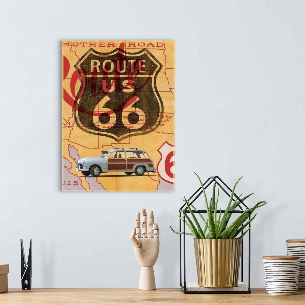 A bohemian room featuring Route 66 Vintage Postcard
