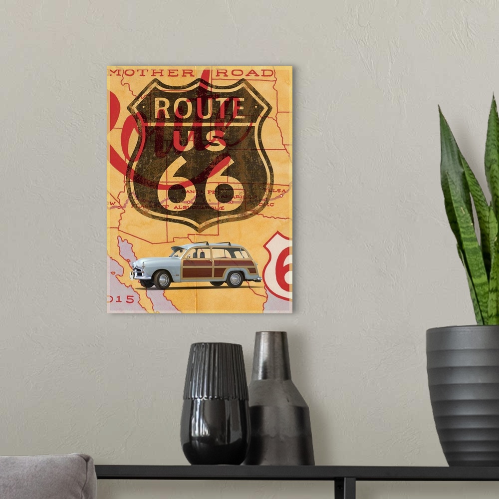 A modern room featuring Route 66 Vintage Postcard