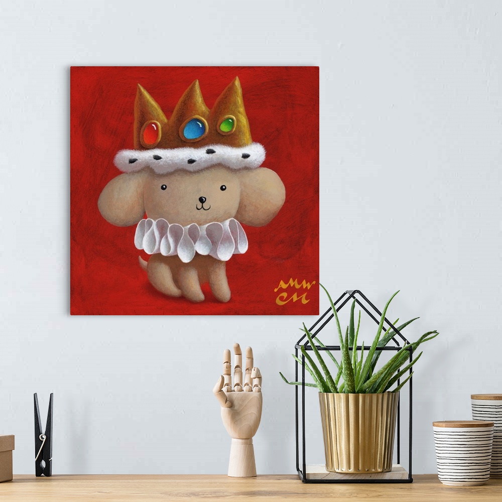 A bohemian room featuring Whimsical contemporary painting of a dog dresses as royalty.