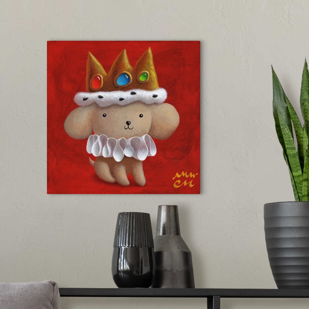 A modern room featuring Whimsical contemporary painting of a dog dresses as royalty.