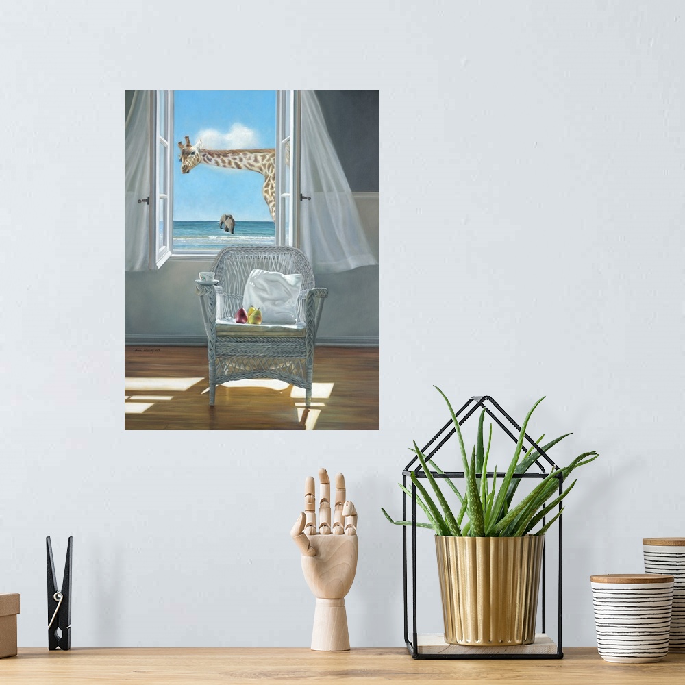 A bohemian room featuring Contemporary still life painting of a pillow on a chair next to an open window with a white curta...
