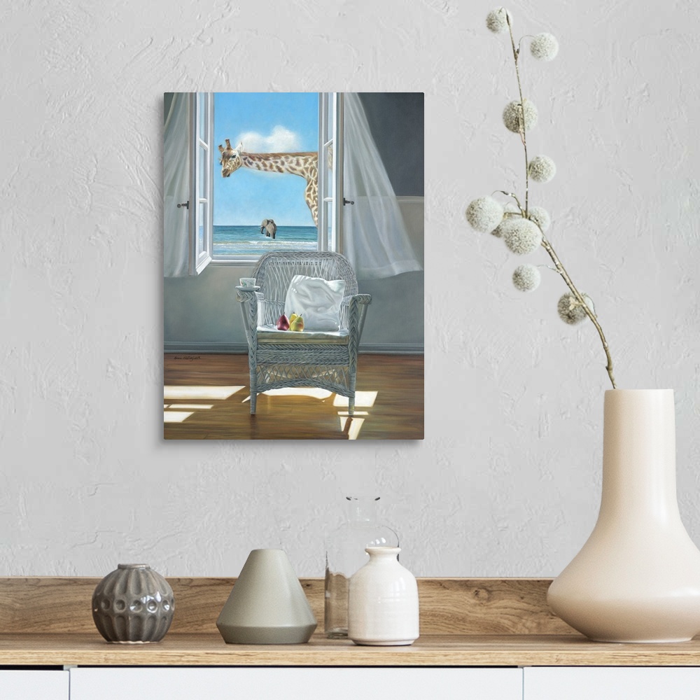 A farmhouse room featuring Contemporary still life painting of a pillow on a chair next to an open window with a white curta...